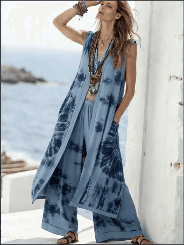 Vacation Style Tie-Dye Sleeveless Cardigan & Wide-Leg Pants Set