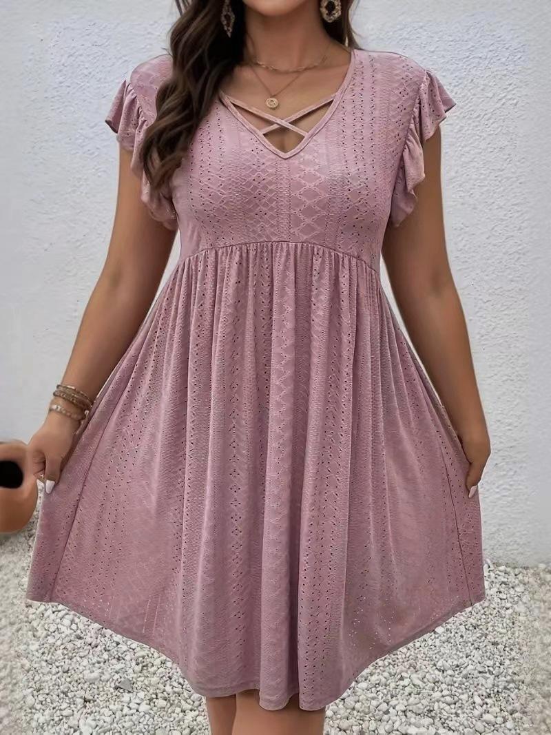 Women's Jacquard Ruffle Sleeve V-neck Dress