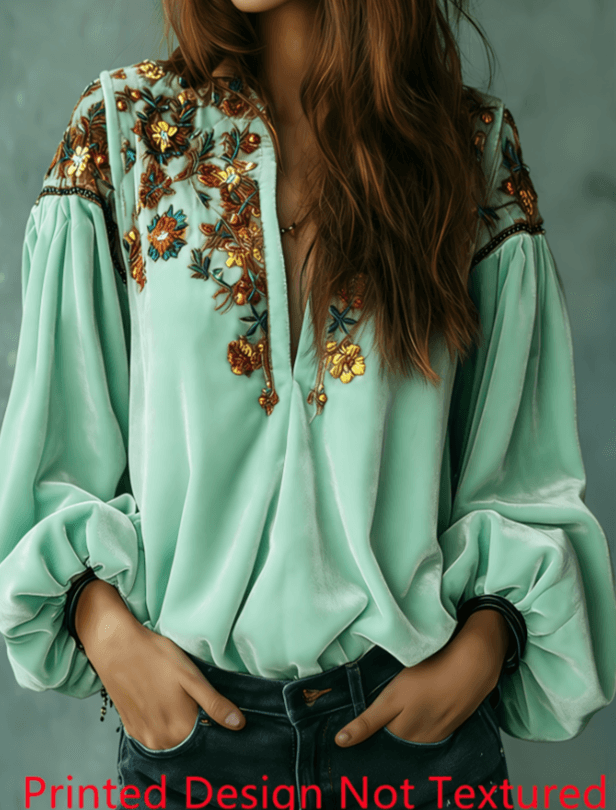 Velvet Floral Embroidery V-neck Puff Sleeve Casual Long-sleeved Top