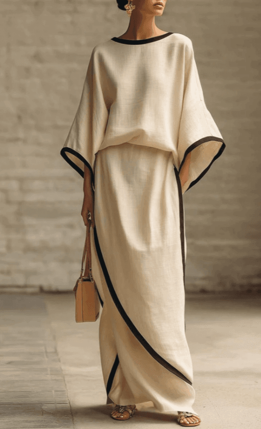 Beige & Black Trim Linen-Blend Co-Ord Set