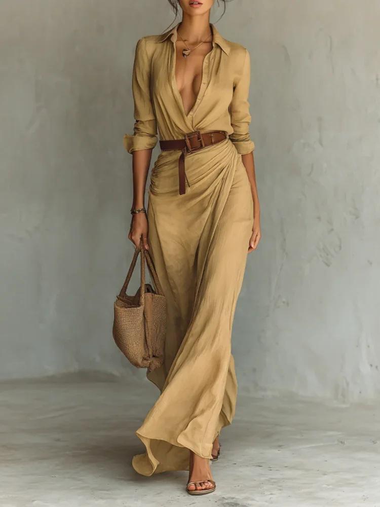 Women Autumn Elegant Sexy Solid Color Irregular Ruffle Dress With Belt