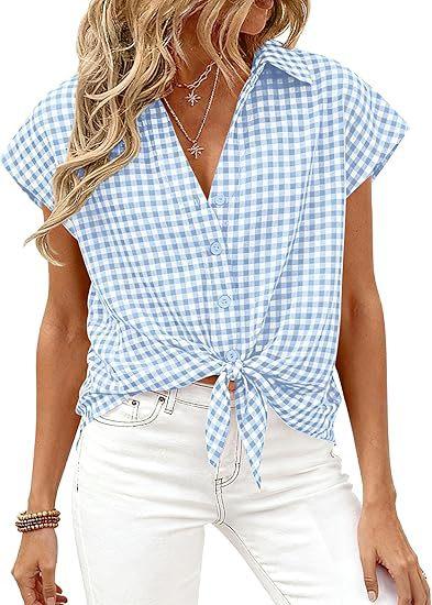 Womens Short-sleeve Plaid Button-up Blouse