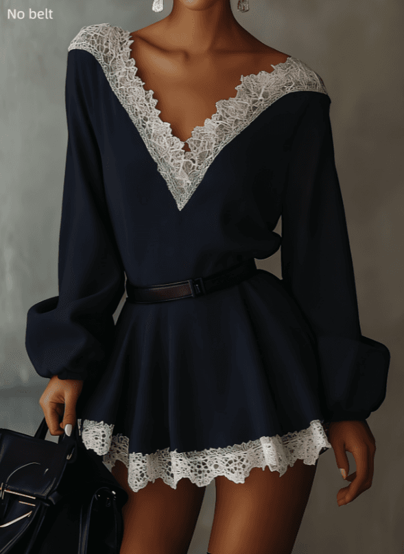 Lace V-neck Fitted Waist Lantern Sleeve Short Dress, Women's Long-sleeved Elegant Jumpsuit