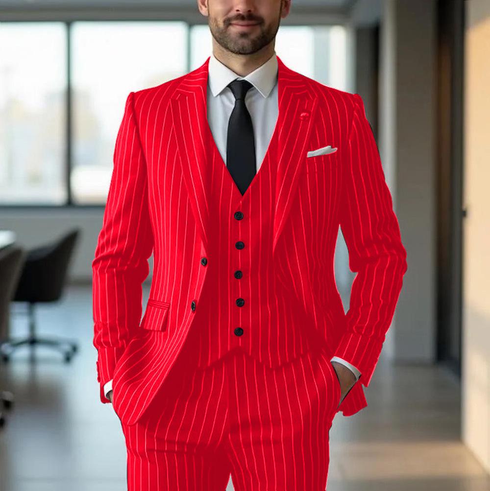 Black Vertical-Stripe Mens Formal Suit Three-Piece Set