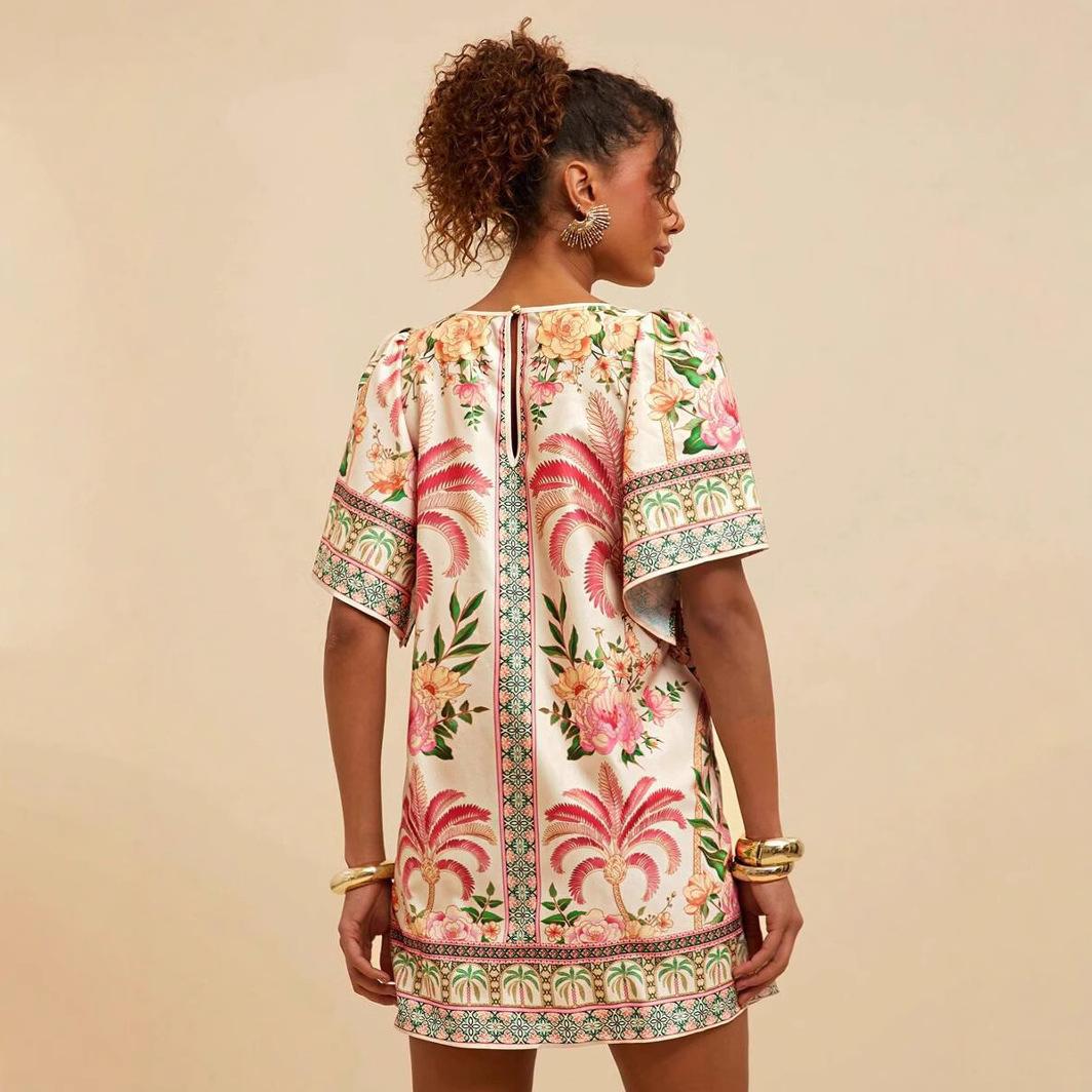 Fashion Retro Crew Neck Horn Printing Dress
