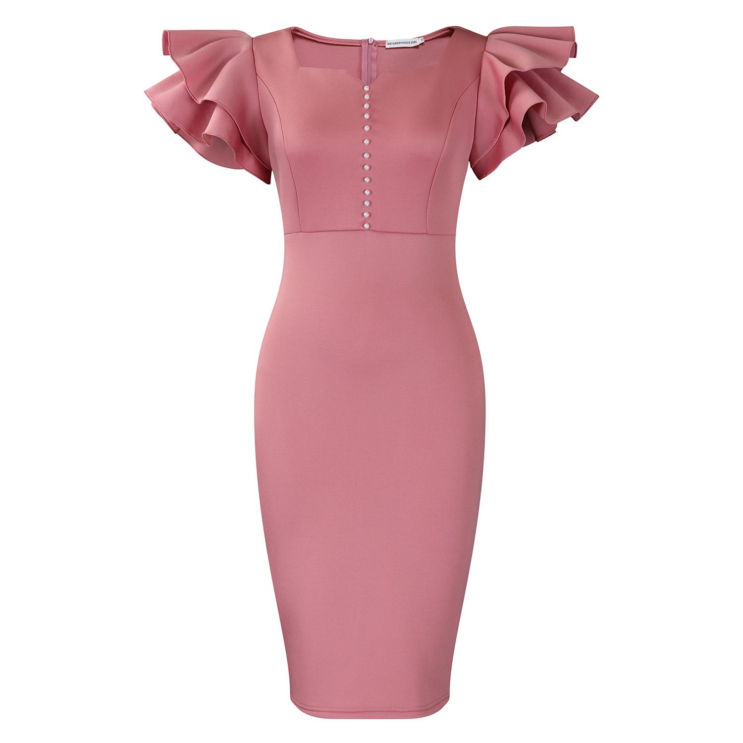 Fashion Women's Wear Beaded Ruffle Sleeve Sheath Dress