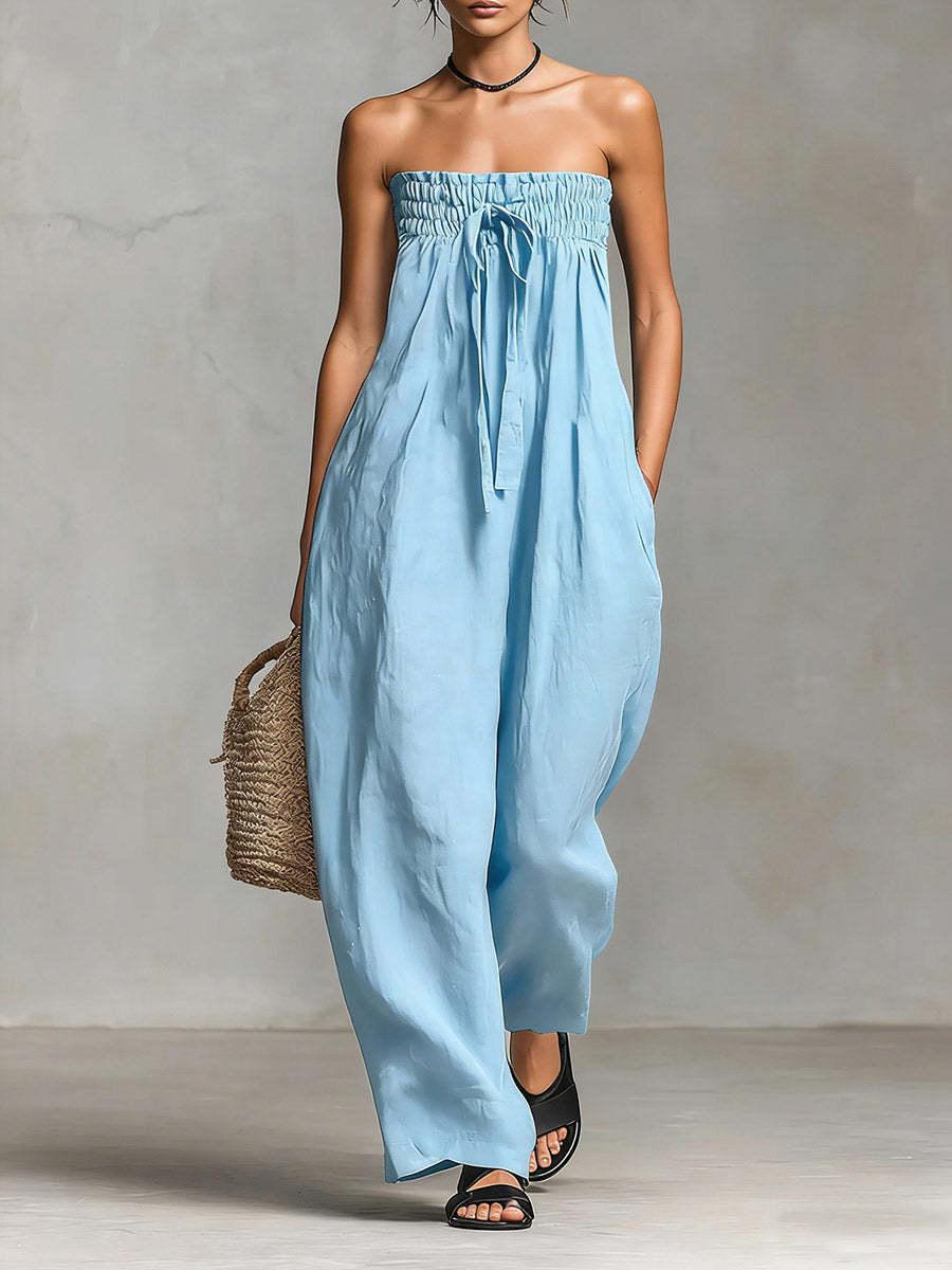 2026 Spring European American Women Strapless Smocked Bodice Jumpsuit, TieDetail Casual Playsuit