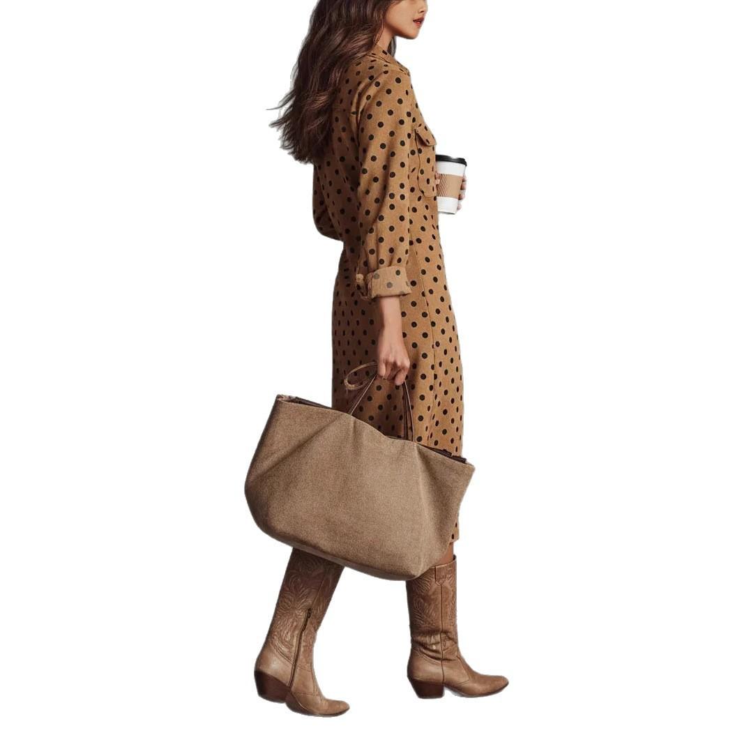 French Elegant Slimming V-neckline Pleat And Waisted Below The Knee Long Sleeve Polka Dot Dress