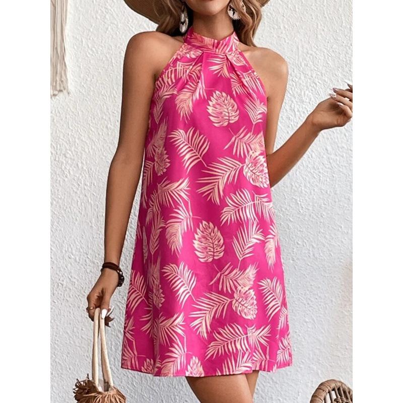 Tropical Printing Lace-up Halterneck Short Dress