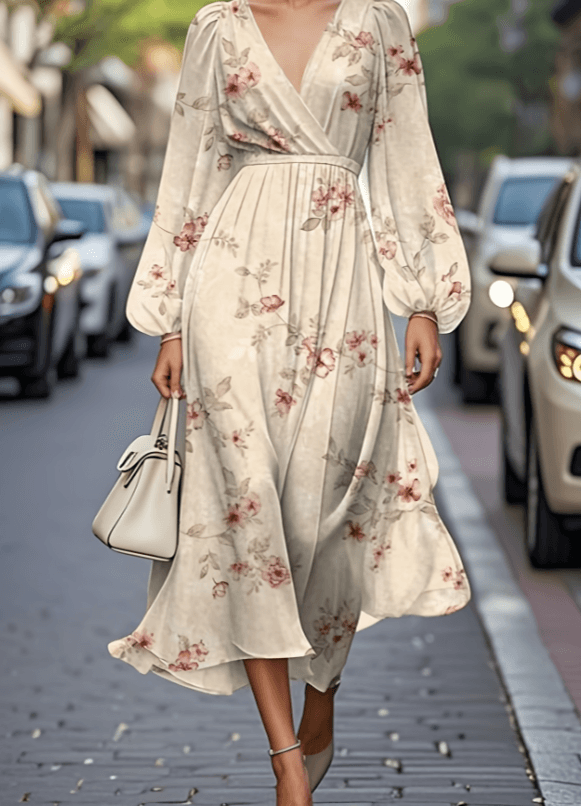Floral Print V-neck Women's Puff Sleeve Midi Dress