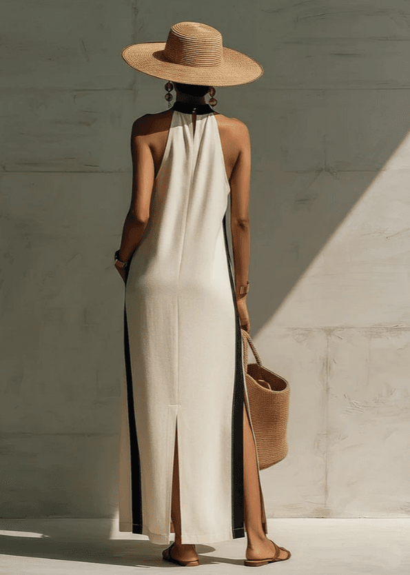 Mibai Collision Black Border Hanging Neck Linen Long Vacation Dress