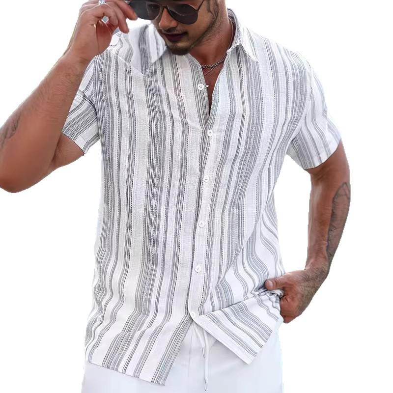 3D-printed Hawaiian Short-sleeve Striped Lapel Shirt
