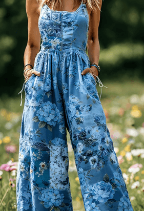 Women's American Retro Print Strappy Wide-Leg Jumpsuit
