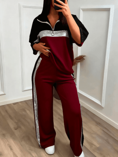 Color-block Stand-collar Short-sleeve Wide-leg Pants Two-piece Set