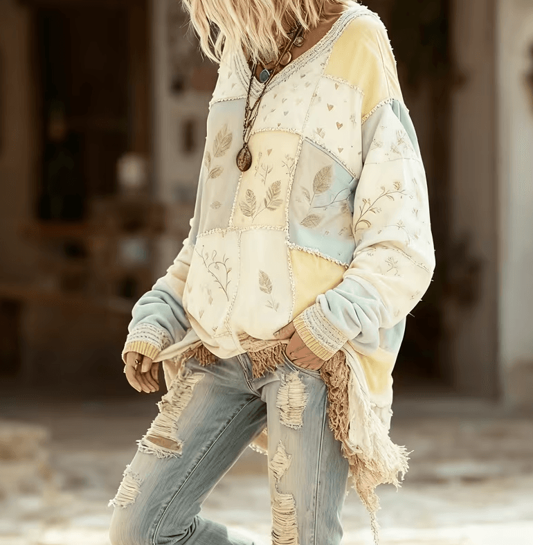 Patchwork Casual V-neck Long-sleeved Loose Top