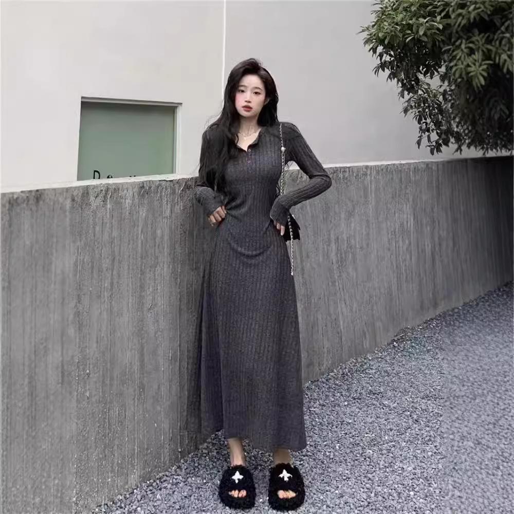 Pure Desire Dark Gray Long-sleeve Knitted Dress