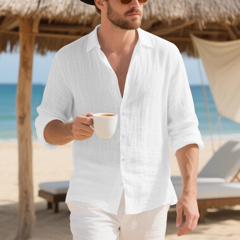 Plus-size Mens Linen American-style Loose-fit Hawaiian Casual Long-sleeve Shirt