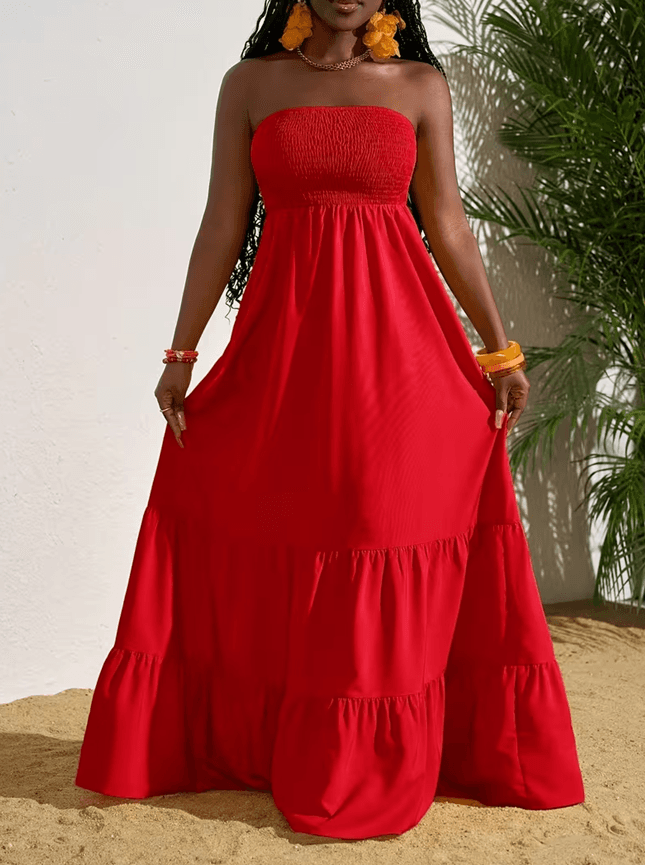 Vibrant Strapless Pleated Multi-layered Full Skirt Dress, Women's Sleeveless Long Resort Style Dress