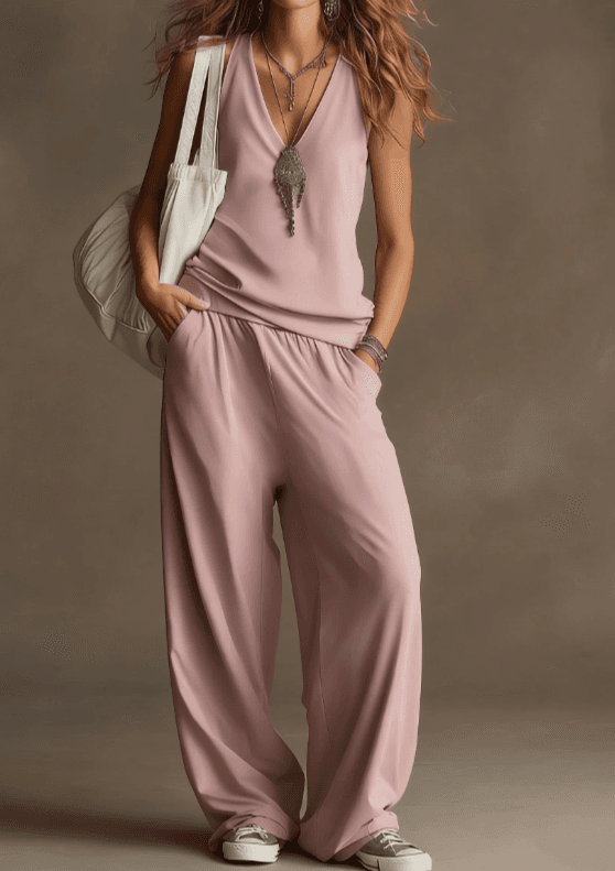 Deep V-neck Wide Leg Casual Two-piece Set