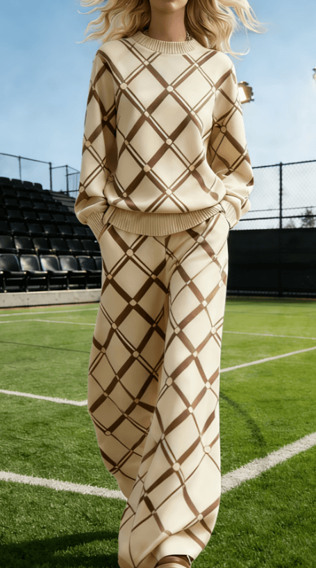 Women's American Retro Color Block Round Neck Long Sleeve Loose Knit Set