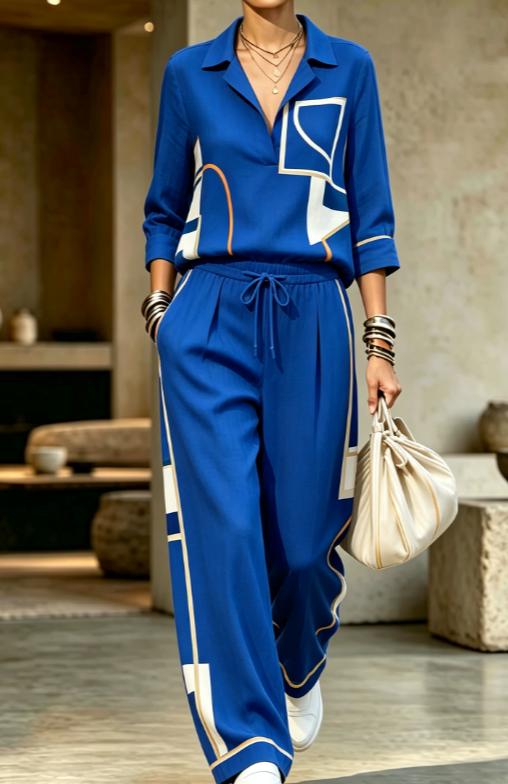 Womens Summer Lapel-Neck Cropped-Sleeve Set