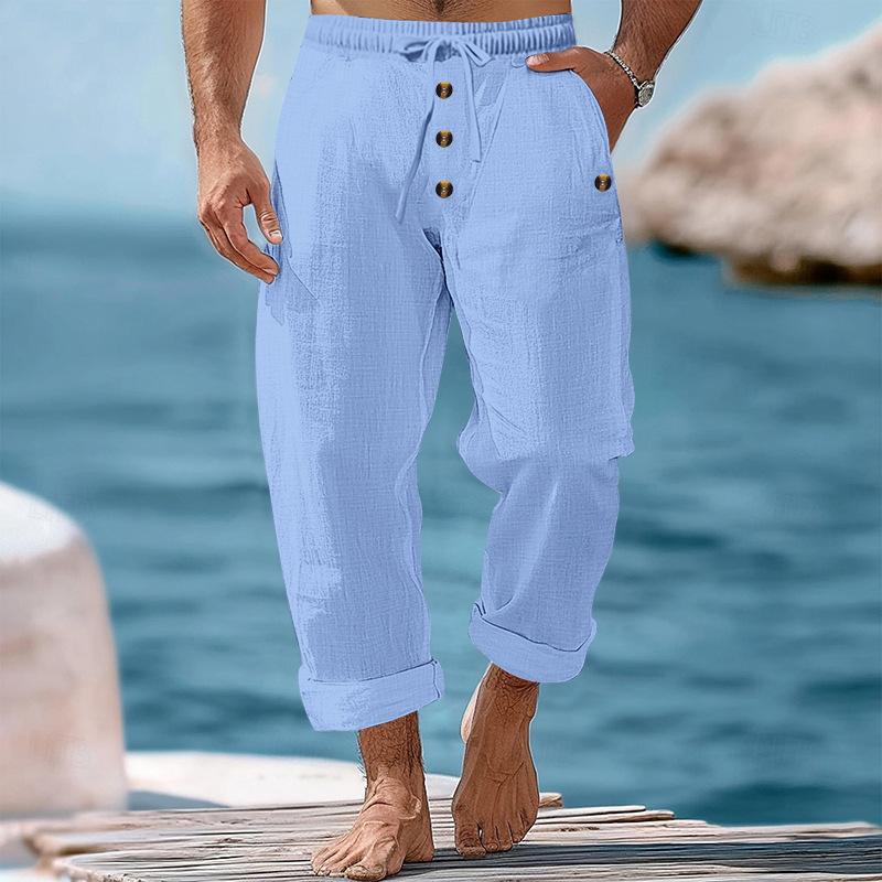 Cross-border Amazon Independent Station Cotton Linen Loose Drawstring Button Casual Trousers