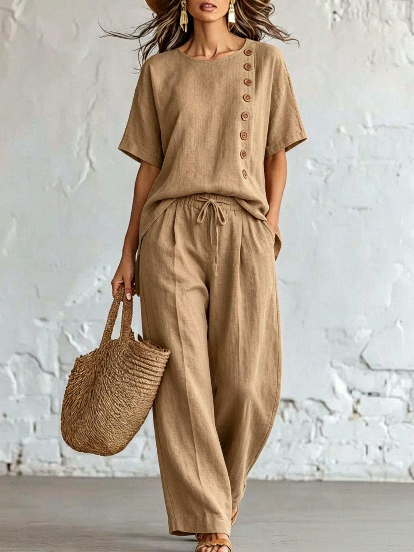 Womens Relaxed-fit Short-sleeve Top With Side-button Detailing And Wide-leg Pants Set