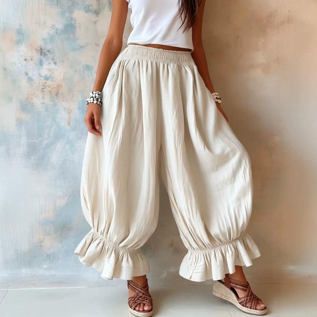 Loose Casual Cotton-linen Flared Pants With Ruffled Hems For Women