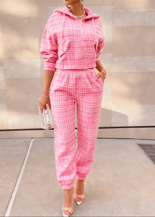 2026 Women's Chanel-style Plaid Hooded Set - High Street Tweed Zip-up Sweatshirt