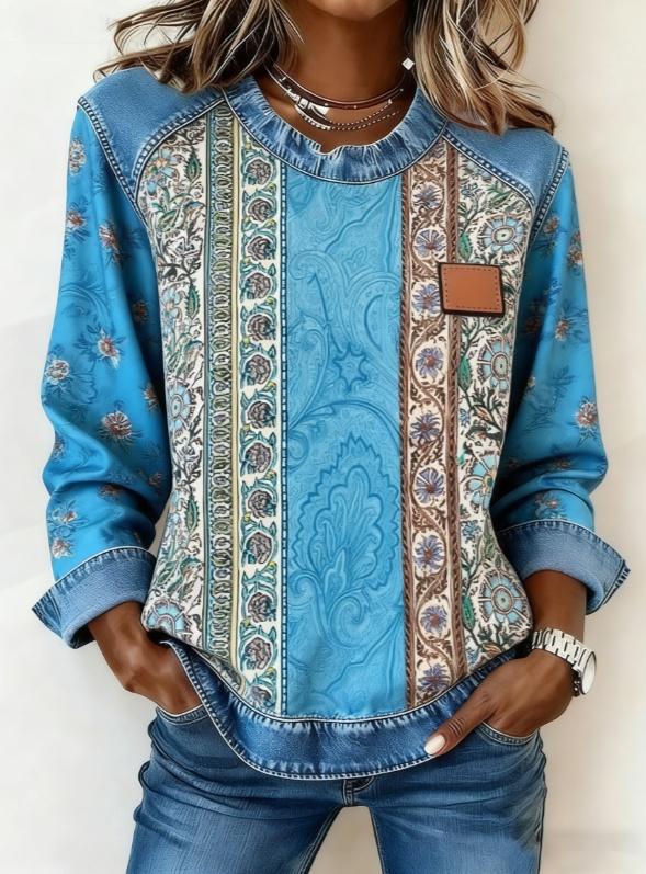 Casual Round Neck Color-blocked Printed Long-sleeved Loose Top