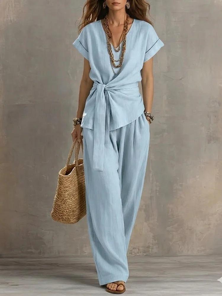 Waist-cinched V-neck Top And Solid-color Casual Pants Set