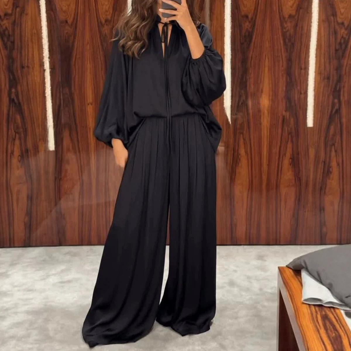 V-neck Lantern-sleeve Long-sleeve Loose Top And Elastic-waist Wide-leg Pants Set