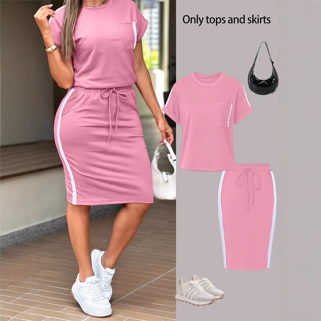 Womens Stylish Minimalist Off-shoulder T-shirt Paired With A Casual Form-fitting Skirt Set