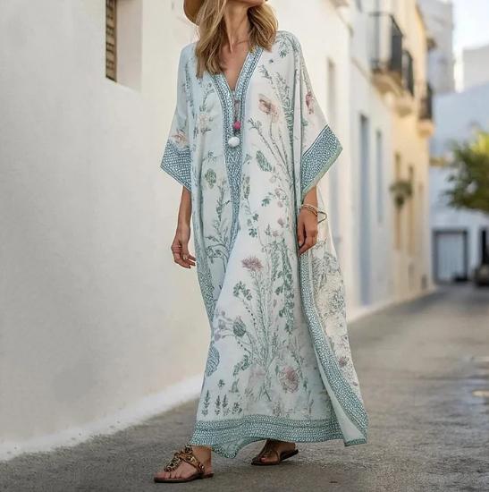 Long Sleeve Kaftan Linen Vacation Maxi Dress