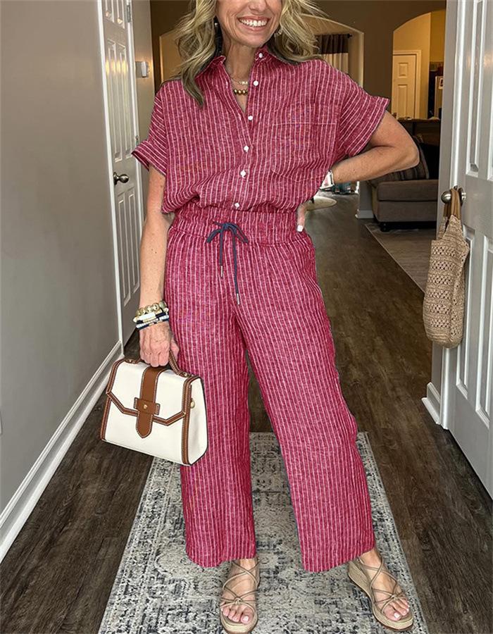 Women's Striped Suit Lapel Short Sleeve Straight Idle Style Trousers