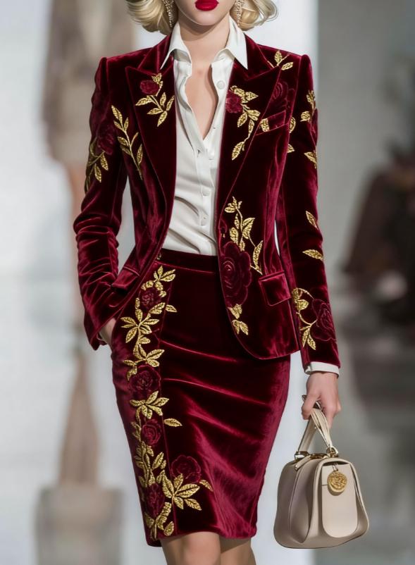 Elegant Velvet Printed Suit And Pencil Skirt Set