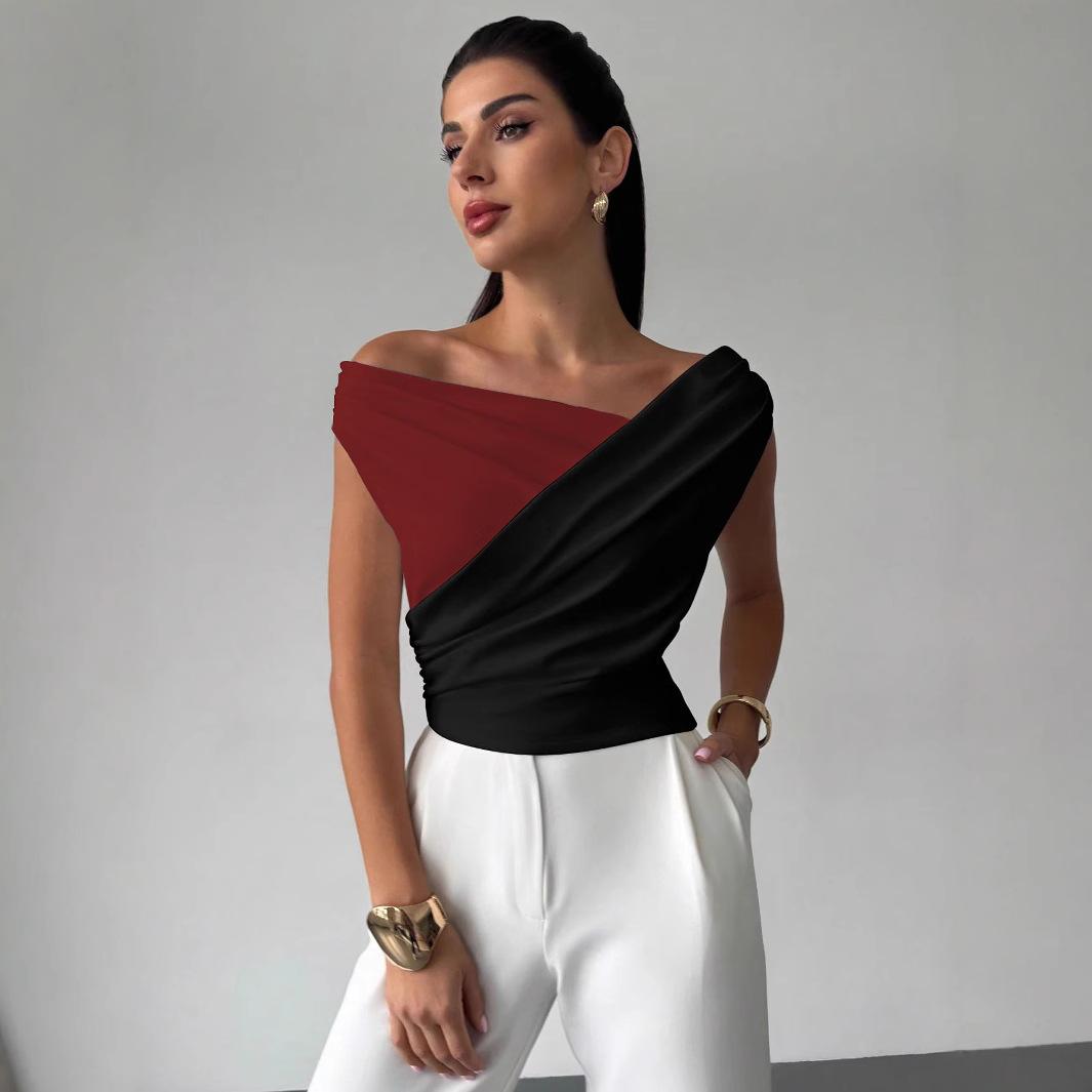 Color-blocked Asymmetric Shoulder Ruffled Hem Slim-fit Versatile Elegant Commuter Top