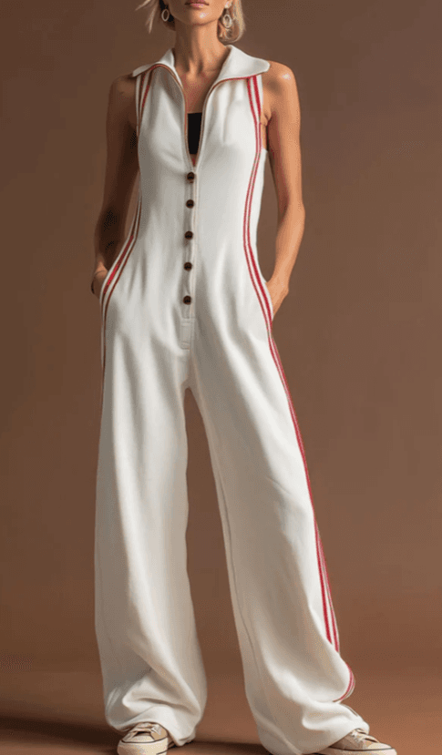 Off-White Sleeveless Collared Wide-Leg Jumpsuit With Red Side Stripes