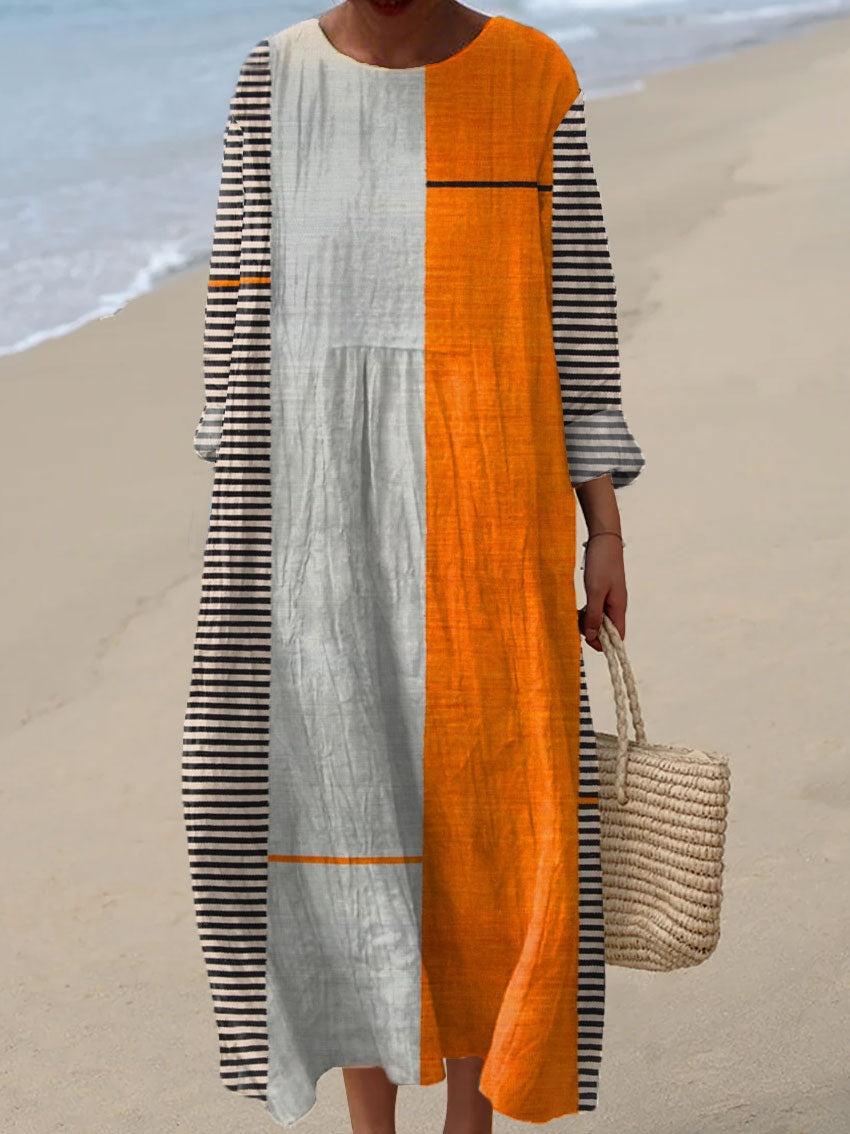 Digital Printing Large Width V-neck Long-sleeve Dress