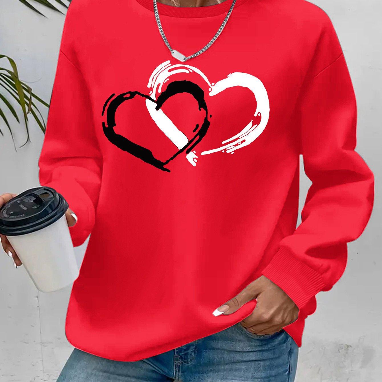 Heart Shape Printed Crew Neck Casual Sweatshirt Women's Clothing