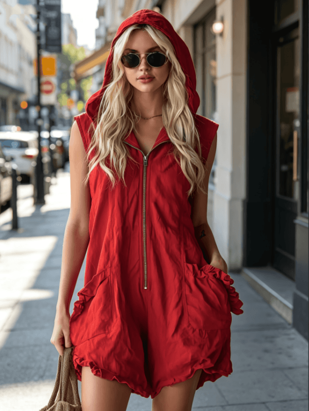 Hooded Sleeveless Half Zip Ruffle Hem Pocketed Casual Romper 2 Colors Available