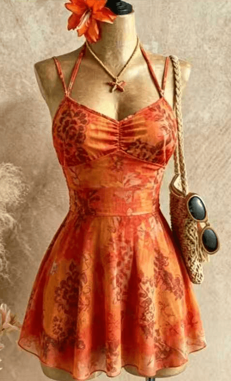 Women's Orange Floral Halter Mini Dress