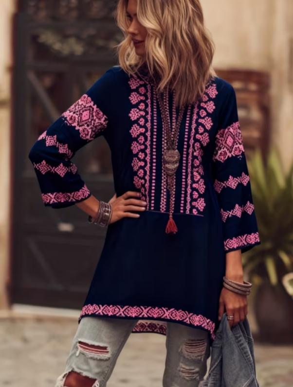 Ethnic Patterned Round Neck Bell Sleeve Casual Top