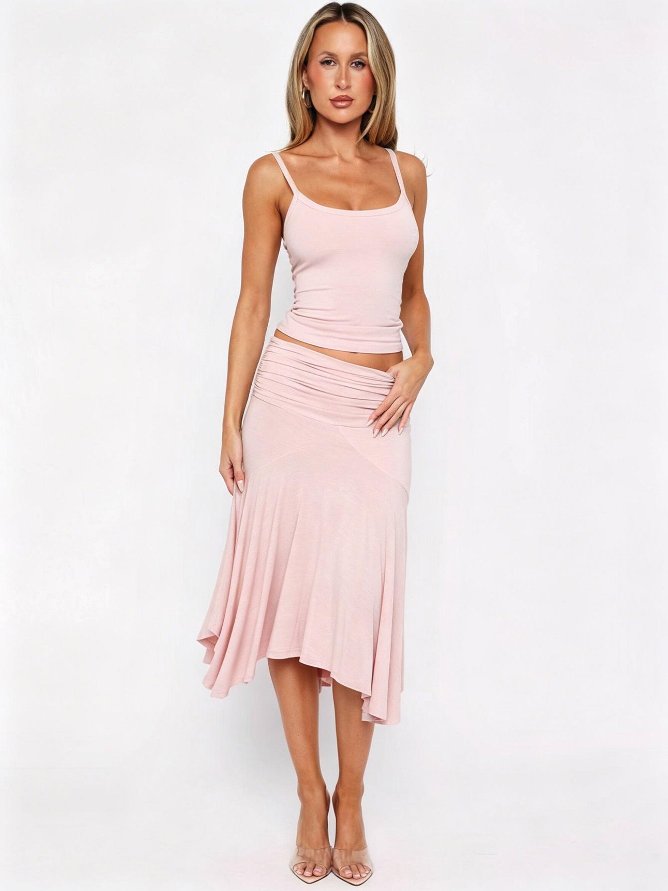 Two-piece Set Springsummer Womens Chic And Elegant Camisole Top With A Flared Skirt