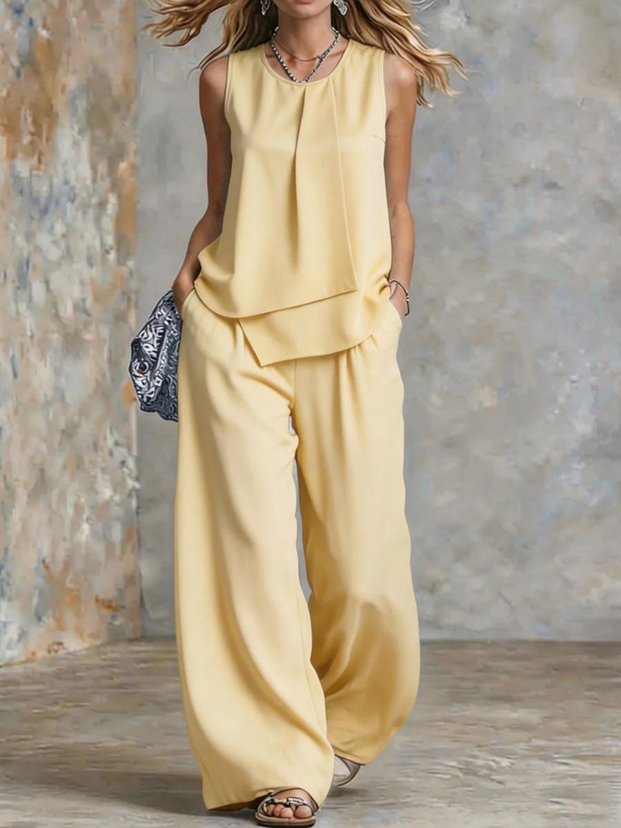 Casual Chic Sleeveless Solid Color Two Piece Set With A Top And Wide Eg Pants