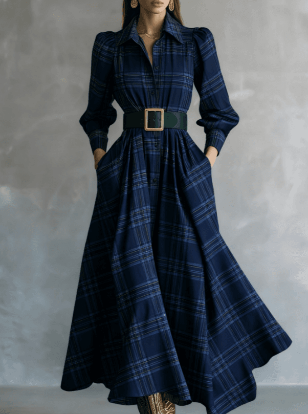 Plaid Shirt Collar Fitted Waist Casual Long Sleeve Dress