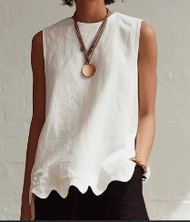 Linen-Style Round Neck Scallop Hem Sleeveless Top