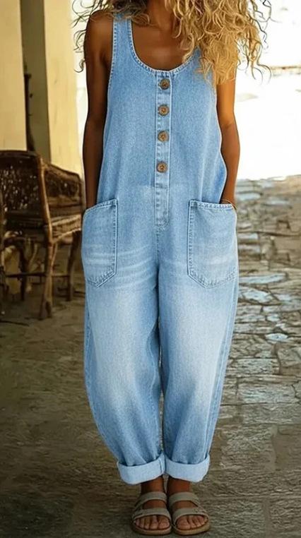 Retro Wide-leg Strap Womens Sleeveless Pocket Denim Jumpsuit