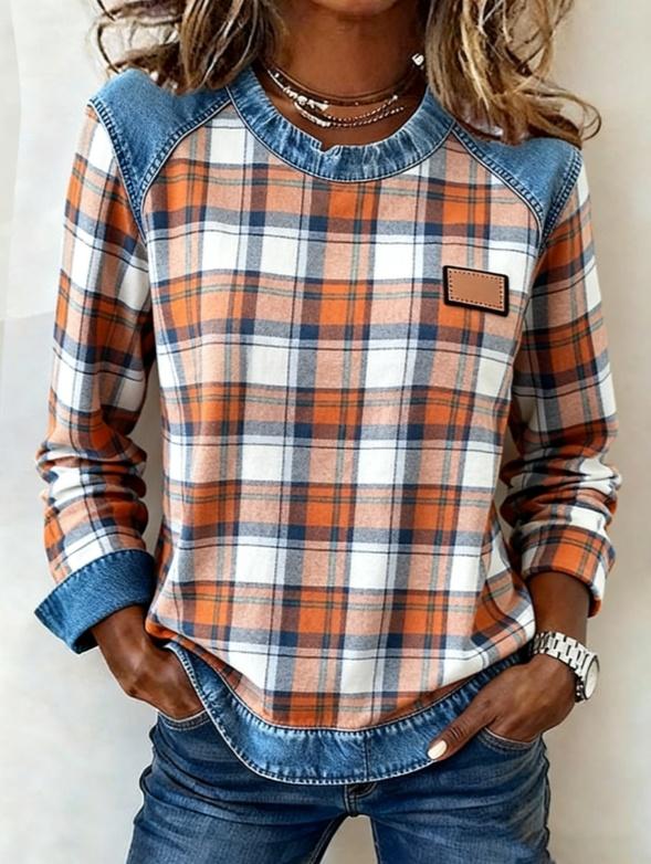 Plaid Denim Patchwork Round Neck Casual Long-sleeved Top