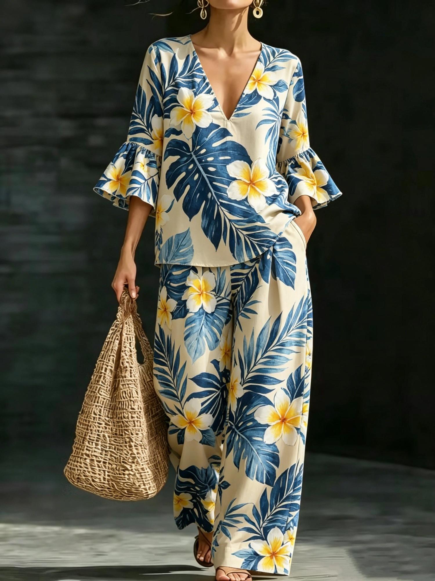 Solid-color V-neck Cotton-linen Chic Casual Two-piece Set With Wide-leg Pants For Women